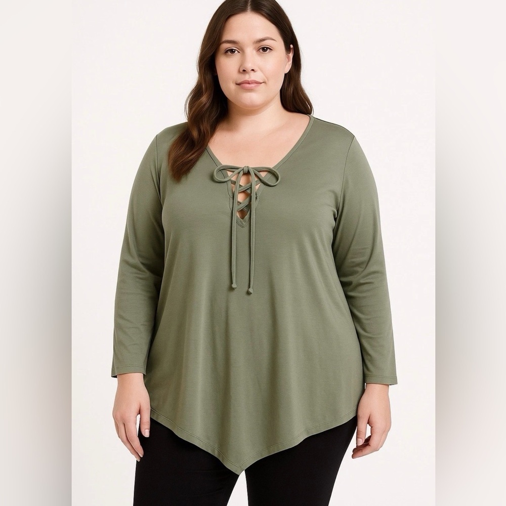 Moa Moa Women Green Oliv Purple Short Sleeve T-Shirt Large Cross Cross Tie Front